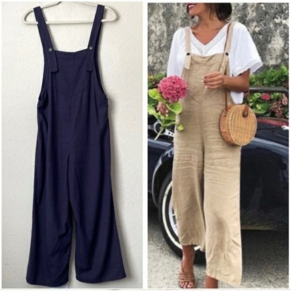 Cali 1850 Linen Blend Minimalist Boho Cropped Wide Leg Jumpsuit - m